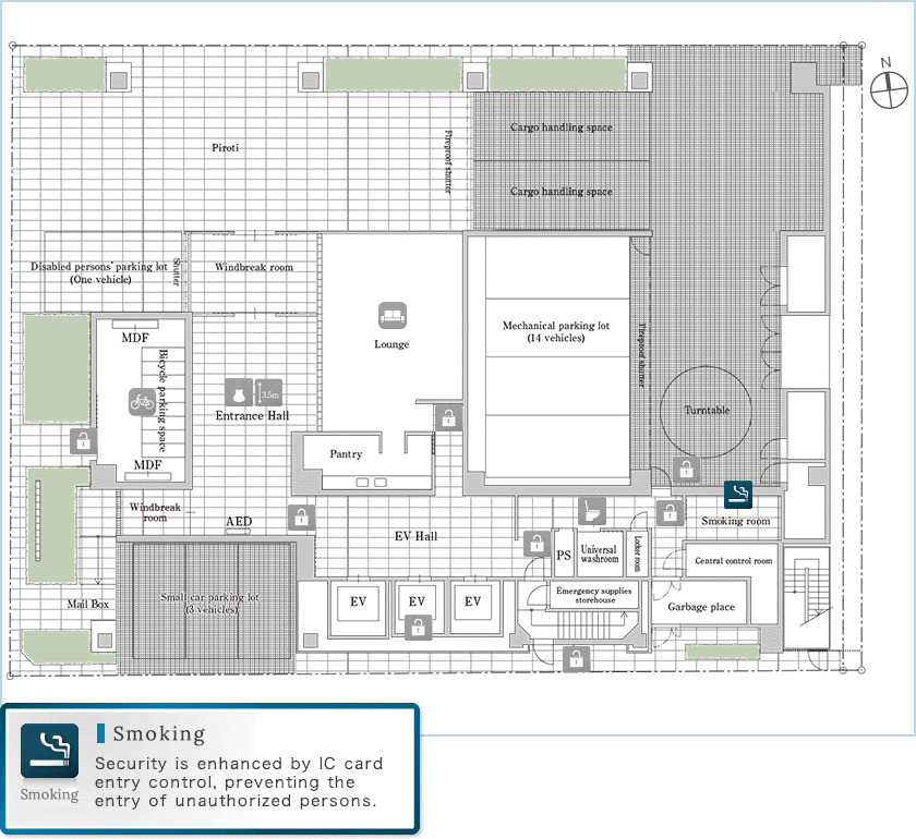 Smoking Area Security is enhanced by IC card entry control, preventing the entry of unauthorized persons. 