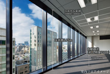 7分割の個別空調と大型ガラスが明るく快適なオフィス環境を実現